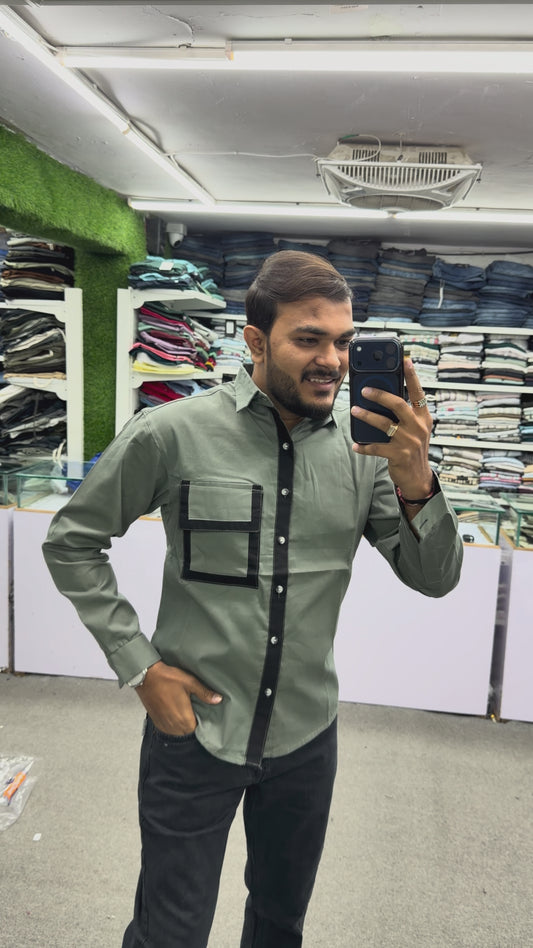 Men’s Olive Green Casual Cotton Shirt with Contrast Black Placket & Designer Pocket Panel