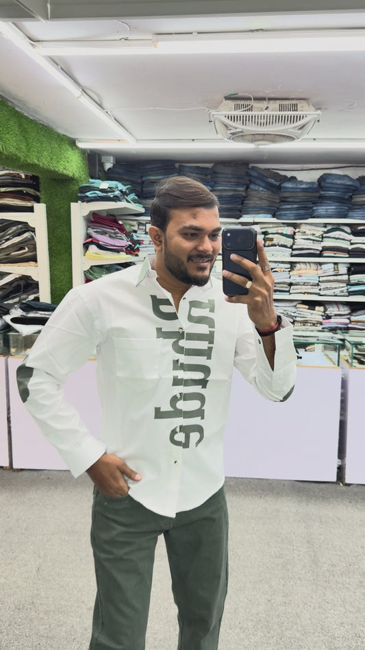 Men’s White Graphic Print Shirt with Typography Design – Stylish Street Style Cotton Shirt