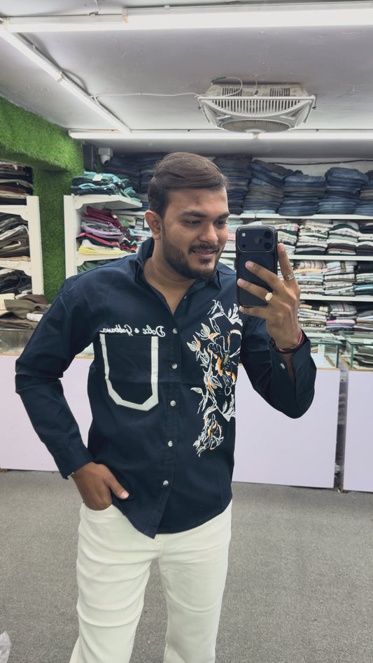 Men’s Navy Blue Graphic Print Shirt with Designer Pocket – Stylish Casual Cotton Shirt