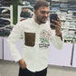 Men’s White Casual Cotton Shirt with Brown Contrast Pocket & Floral Graphic Print – Premium Stylish Designer Shirt