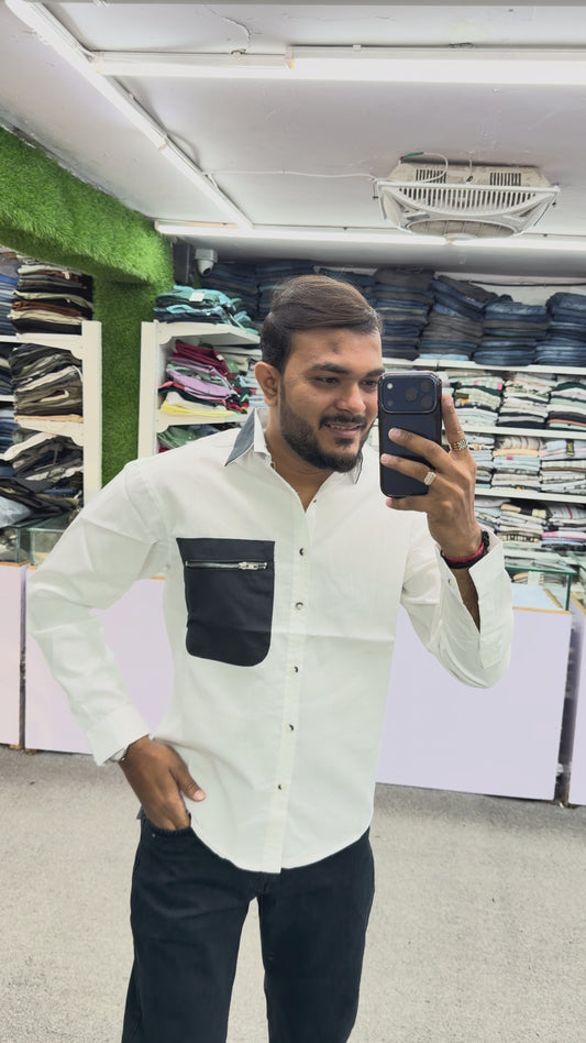 Men’s White Cotton Casual Shirt with Black Zipper Pocket – Modern Designer Shirt