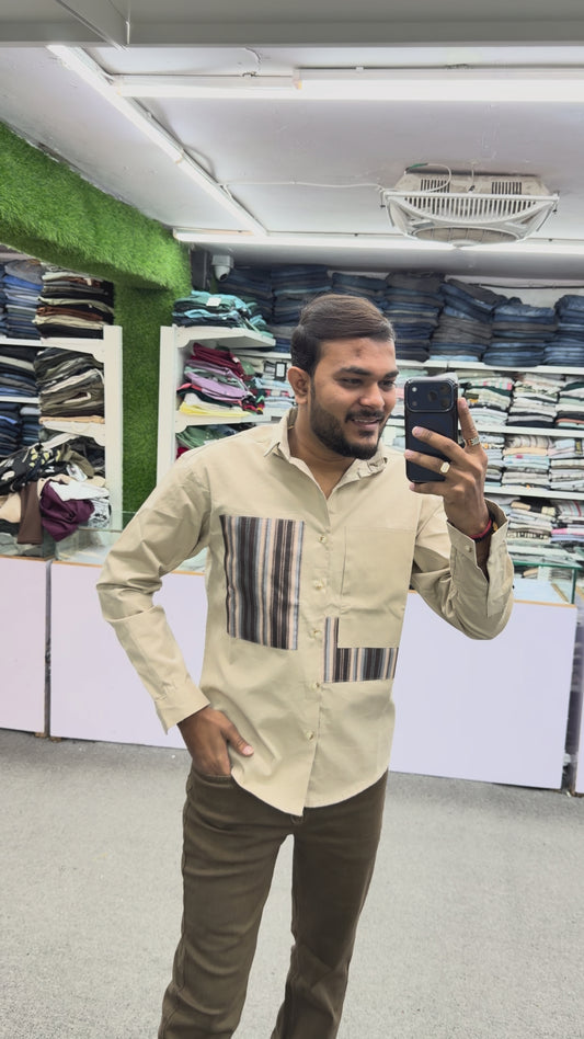 Men’s Beige Casual Cotton Shirt with Striped Designer Panels – Premium Stylish Smart Casual