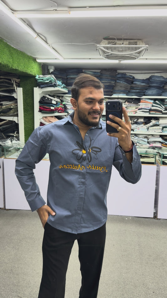 Men’s Dark Grey Graphic Print Shirt – Stylish Butterfly Design Casual Cotton Shirt