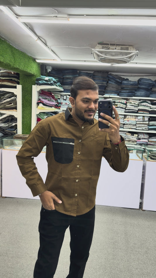 Men’s Brown Casual Cotton Shirt with Black Zipper Pocket – Stylish Designer Shirt