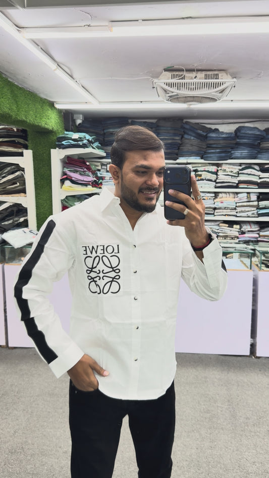 Men’s White Graphic Print Shirt with Black Sleeve Stripe – Stylish Street Style Cotton Shirt