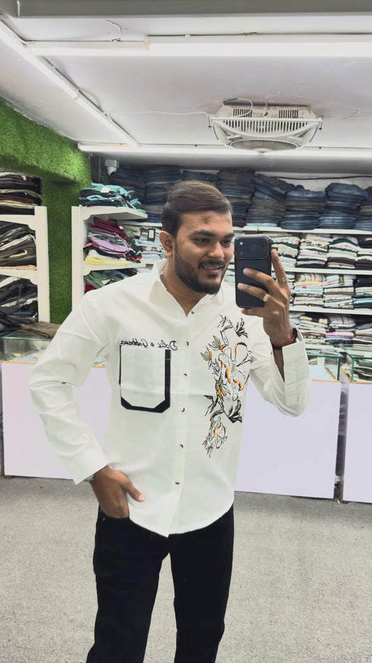 Men’s White Floral Graphic Print Shirt with Contrast Pocket – Stylish Casual Cotton Shirt
