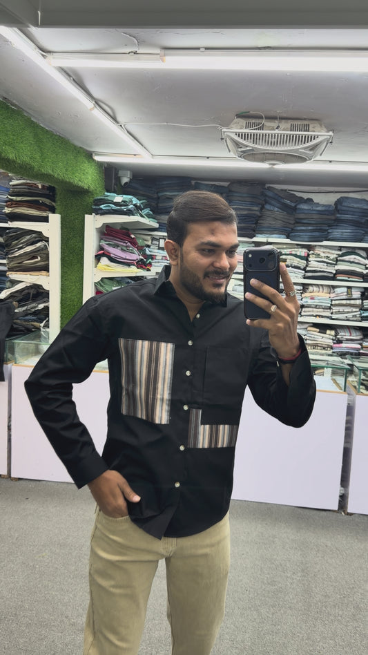 Men’s Black Casual Cotton Shirt with Striped Designer Panels – Modern Stylish Smart Casual Shirt