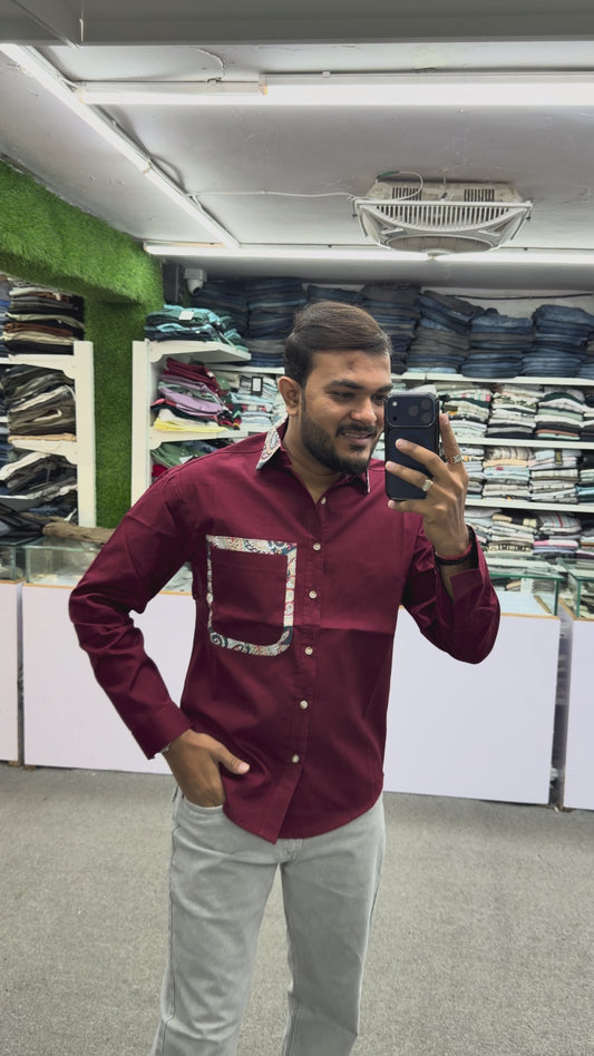 Men’s Maroon Casual Cotton Shirt with Paisley Contrast Pocket – Stylish Designer Shirt