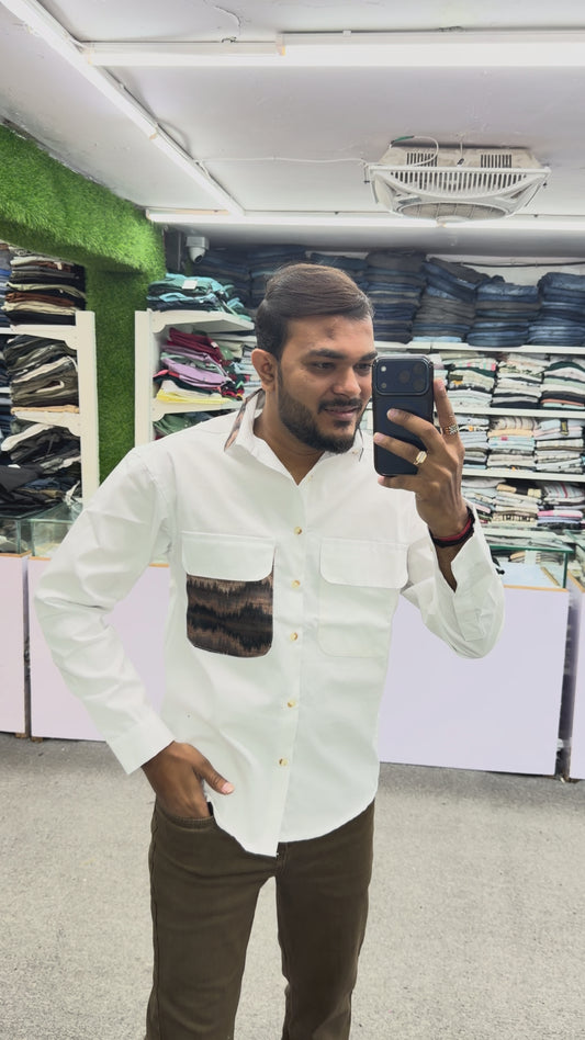 Men’s White Casual Cotton Shirt with Contrast Designer Pocket – Modern Stylish Shirt