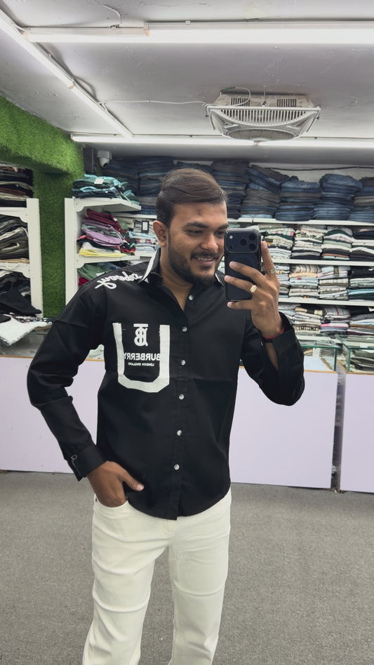 Men’s Black Graphic Print Shirt with Contrast Pocket – Stylish Street Style Cotton Shirt