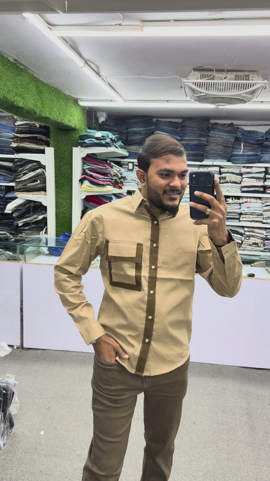 Men’s Khaki Casual Cotton Shirt with Contrast Brown Placket & Designer Pocket Panel – Premium Stylish Shirt
