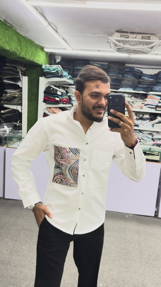 Men’s White Cotton Shirt with Paisley Designer Pocket – Premium Casual Fashion Shirt