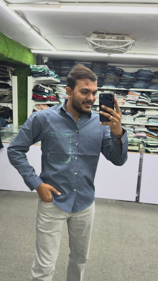 Men’s Steel Blue Cotton Shirt with Contrast Designer Pocket