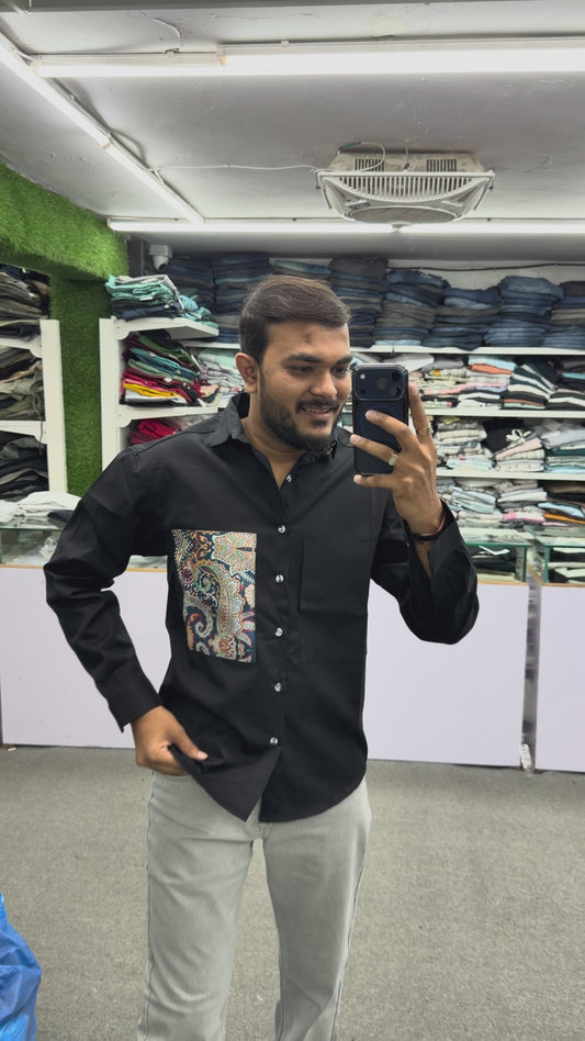 Men’s Black Cotton Shirt with Paisley Designer Pocket – Stylish Casual Fashion Shirt