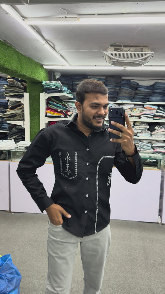 Men’s Black Cotton Shirt with White Embroidered Pocket – Premium Designer Casual Shirt