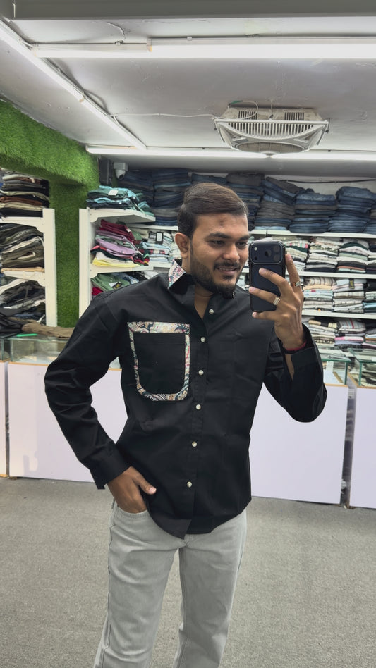 Men’s Black Casual Cotton Shirt with Paisley Contrast Pocket – Stylish Designer Shirt