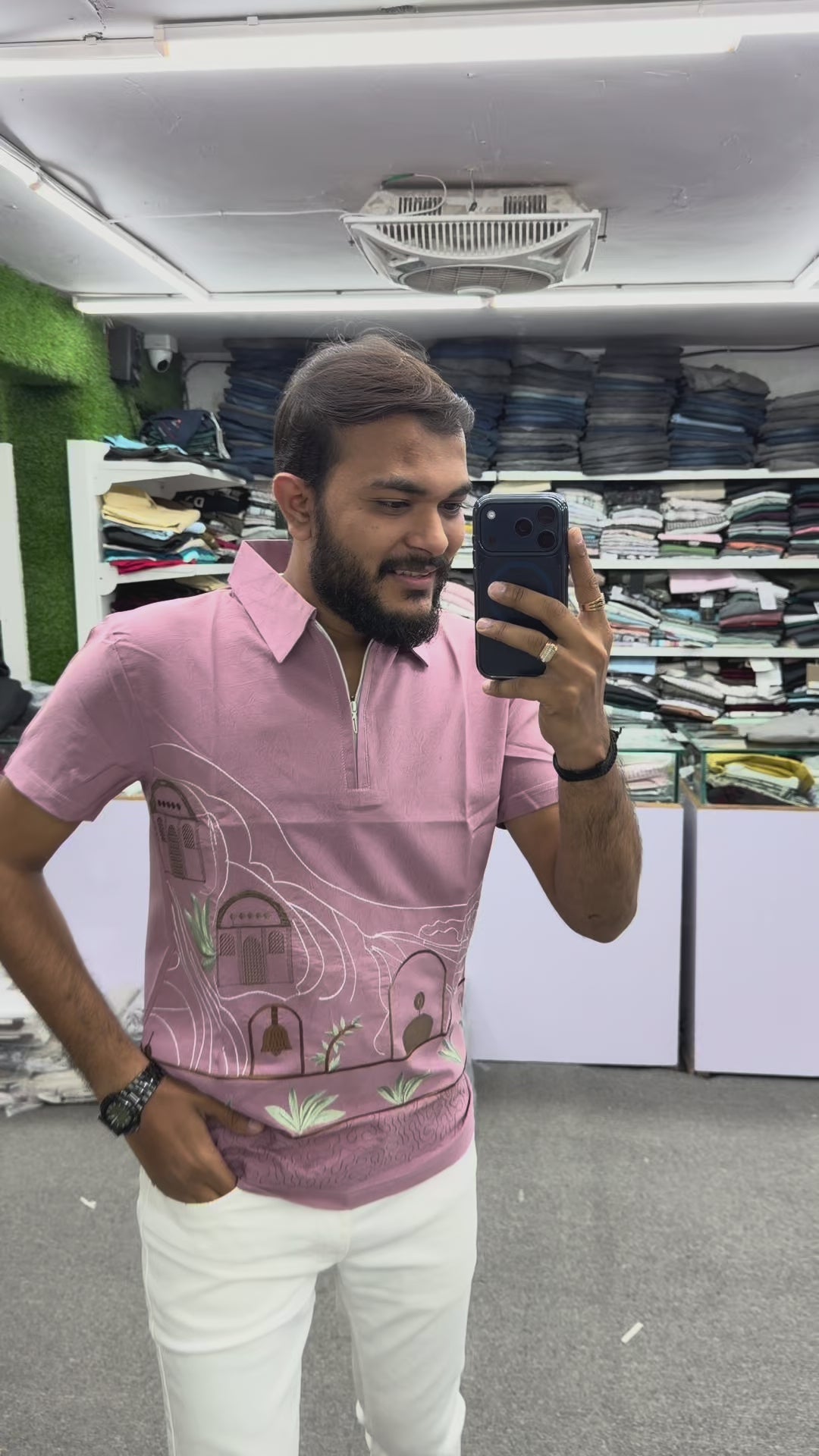 DESIGNER SCENIC EMBROIDERED HALF-ZIPPER TEE